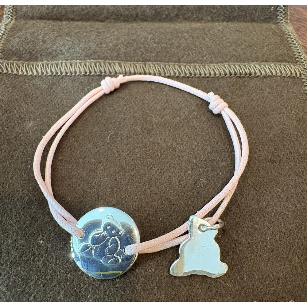 Christofle Baby Girl Sterling Silver Teddy Bear Bracelet Pink Adjustable Cord